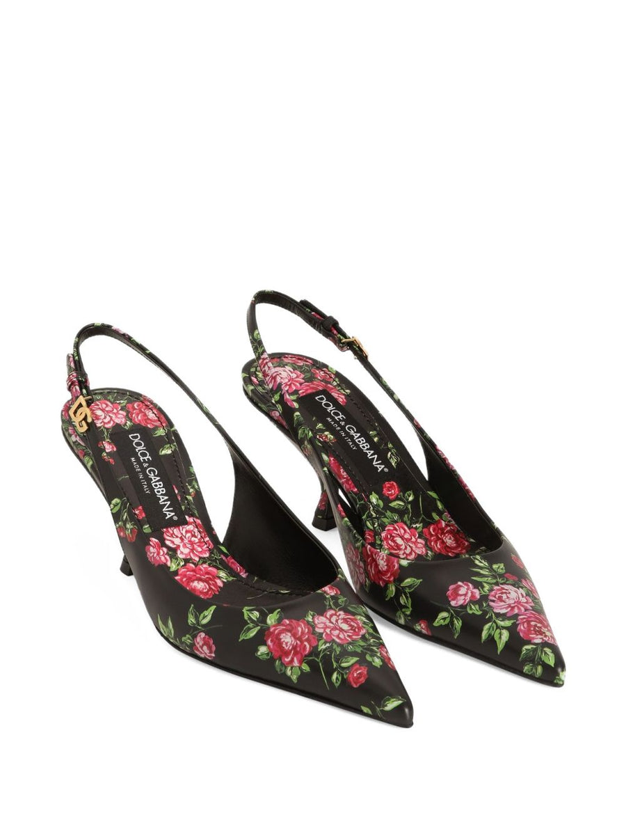 Dolce Gabbana Lollo 60 Floral Leather Slingback Pumps For Women, Luxurious Calf Leather, 6cm Heel