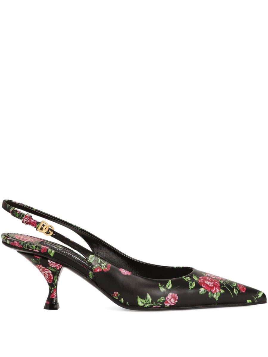 Dolce Gabbana Lollo 60 Floral Leather Slingback Pumps For Women, Luxurious Calf Leather, 6cm Heel