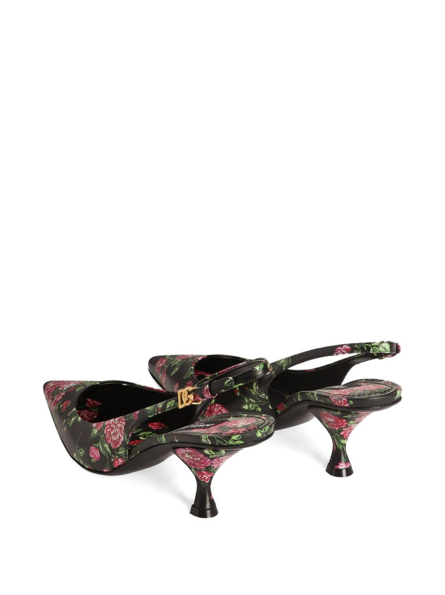 Dolce Gabbana Lollo 60 Floral Leather Slingback Pumps For Women, Luxurious Calf Leather, 6cm Heel