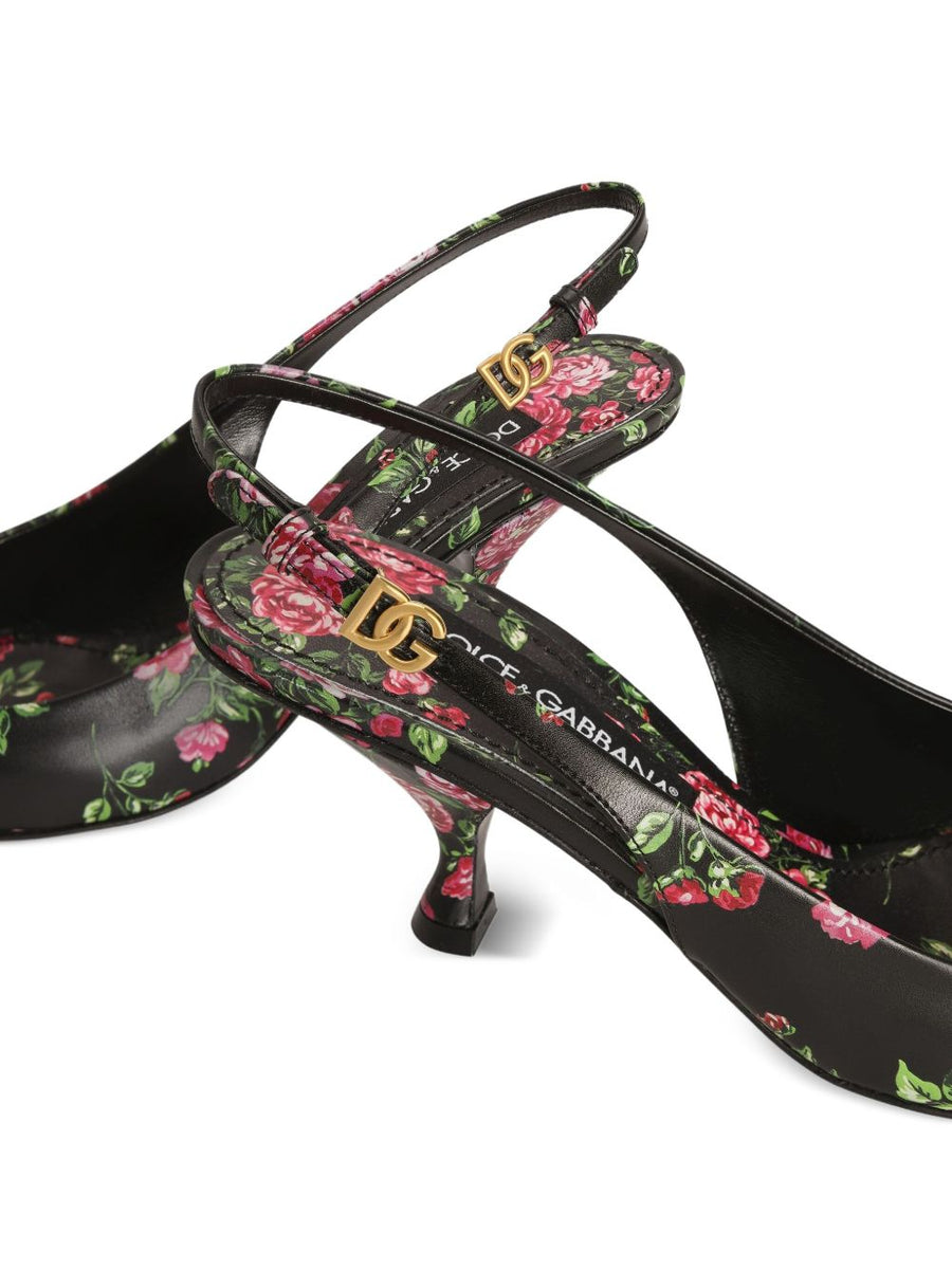 Dolce Gabbana Lollo 60 Floral Leather Slingback Pumps For Women, Luxurious Calf Leather, 6cm Heel