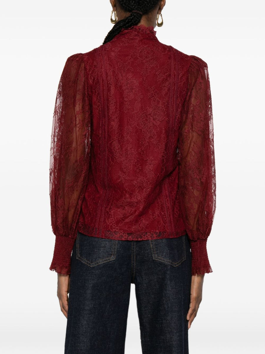 Alice Olivia Eugenia Bordeaux Embroidered Blouse With Lace High Neck Long Sleeves For Women