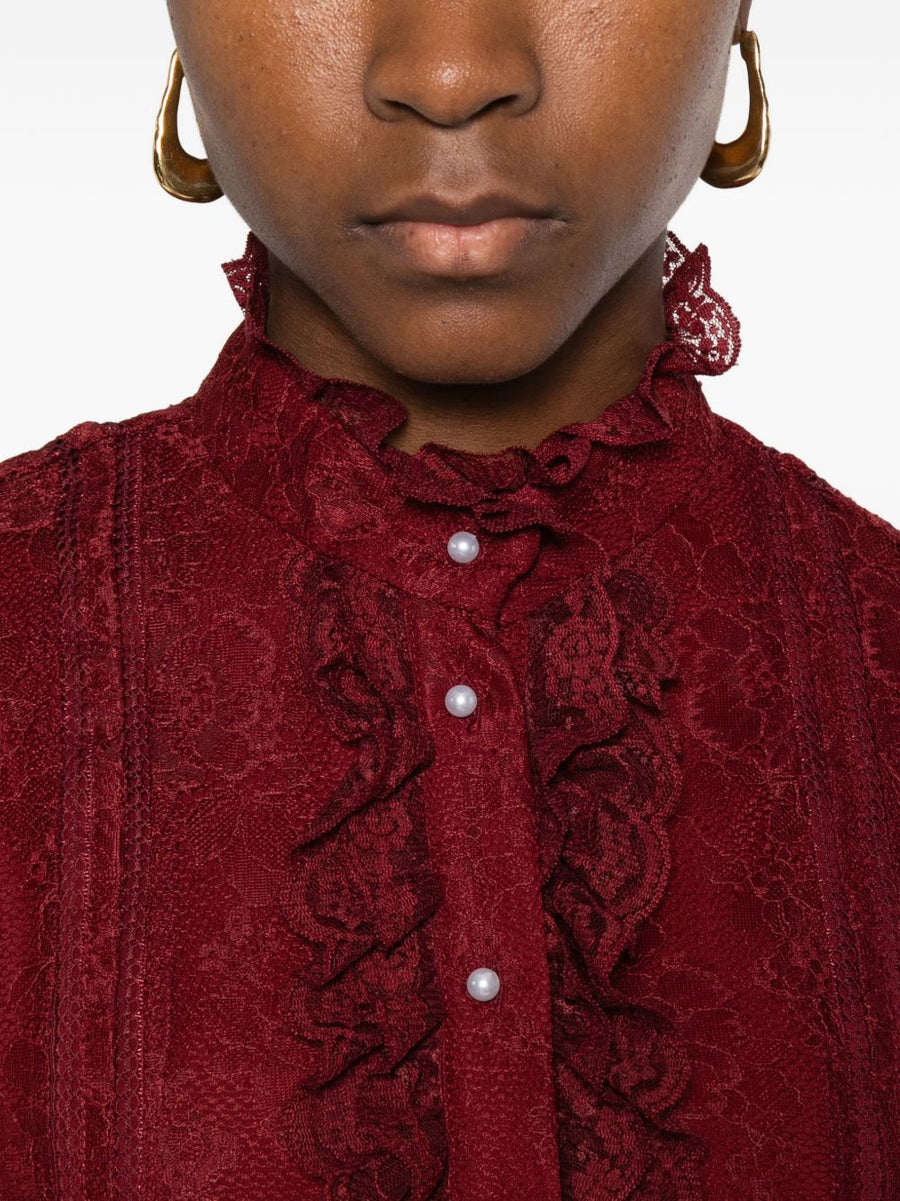 Alice Olivia Eugenia Bordeaux Embroidered Blouse With Lace High Neck Long Sleeves For Women