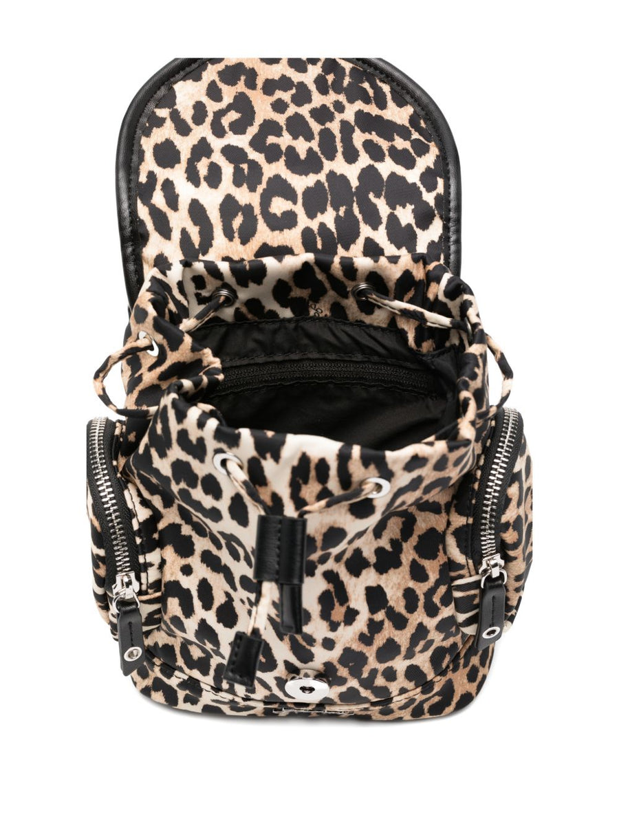 Ganni Leopard Print Nylon Bucky Backpack for Women, Chic Compact City Bag with Recycled Polyamide