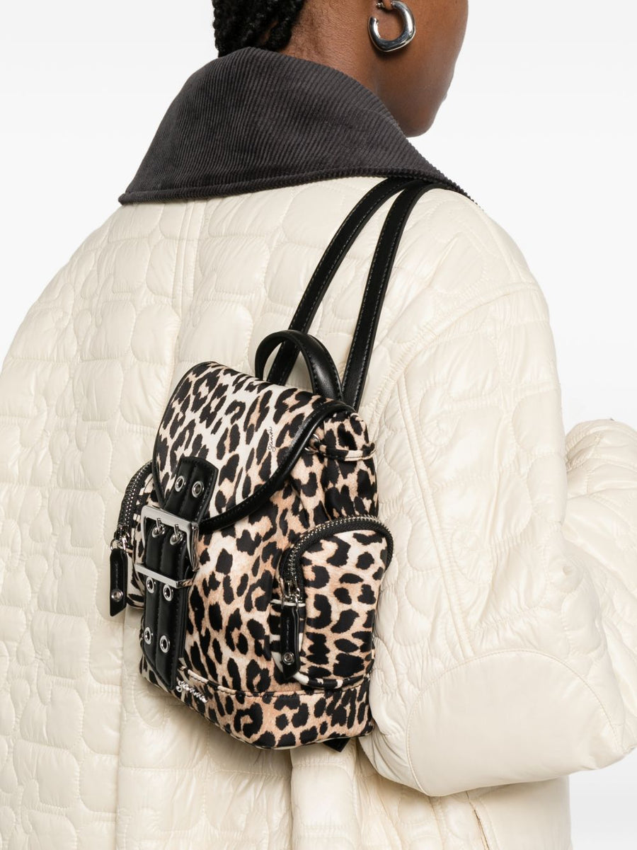 Ganni Leopard Print Nylon Bucky Backpack for Women, Chic Compact City Bag with Recycled Polyamide