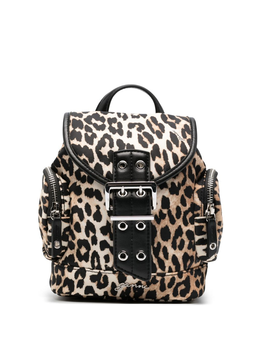 Ganni Leopard Print Nylon Bucky Backpack for Women, Chic Compact City Bag with Recycled Polyamide
