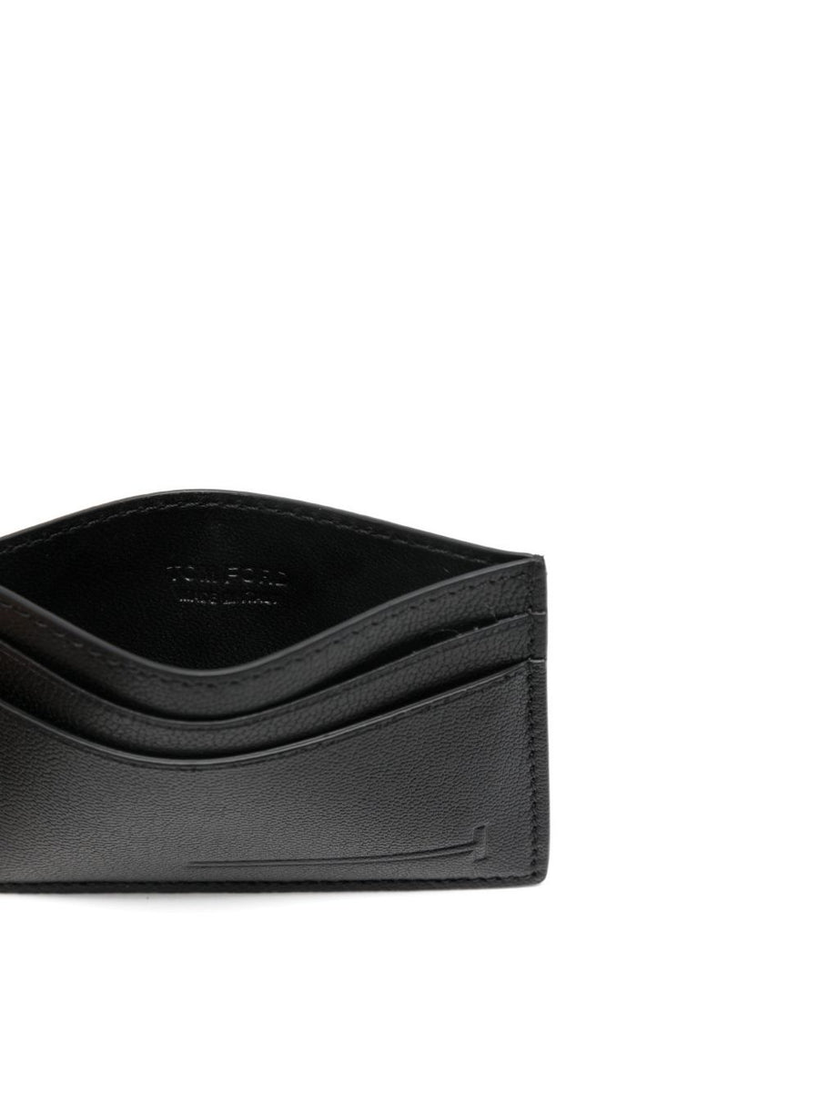Tom Ford Leather Card Holder For Men With Multiple Card Slots Signature Logo Black Goat And Sheep Leather