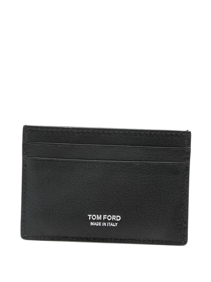 Tom Ford Leather Card Holder For Men With Multiple Card Slots Signature Logo Black Goat And Sheep Leather