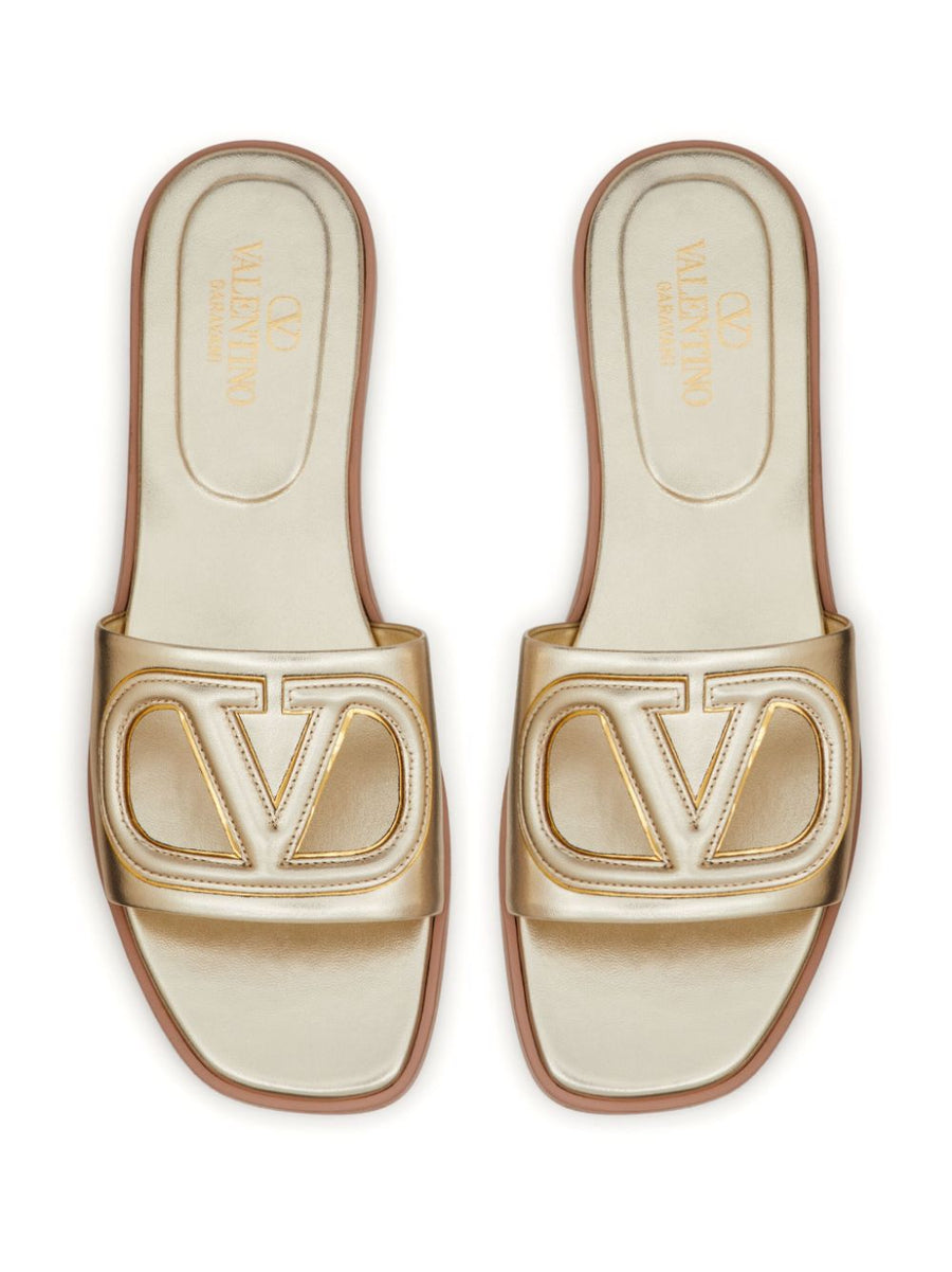 Valentino Garavani VLogo Cutout Laminated Nappa Leather Luxurious Open Toe Slide Sandal For Women