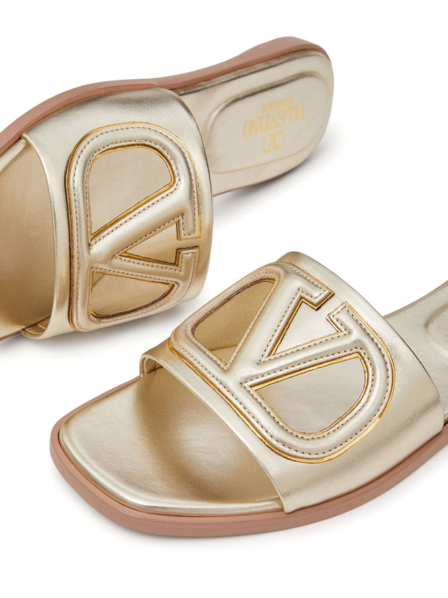 Valentino Garavani VLogo Cutout Laminated Nappa Leather Luxurious Open Toe Slide Sandal For Women