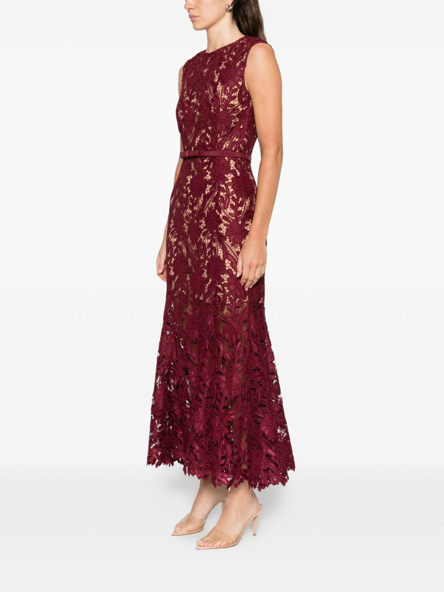 Self-Portrait Lace Long Dress Bordeaux For Women Elegant Eveningwear With Back Zip And Partial Lining
