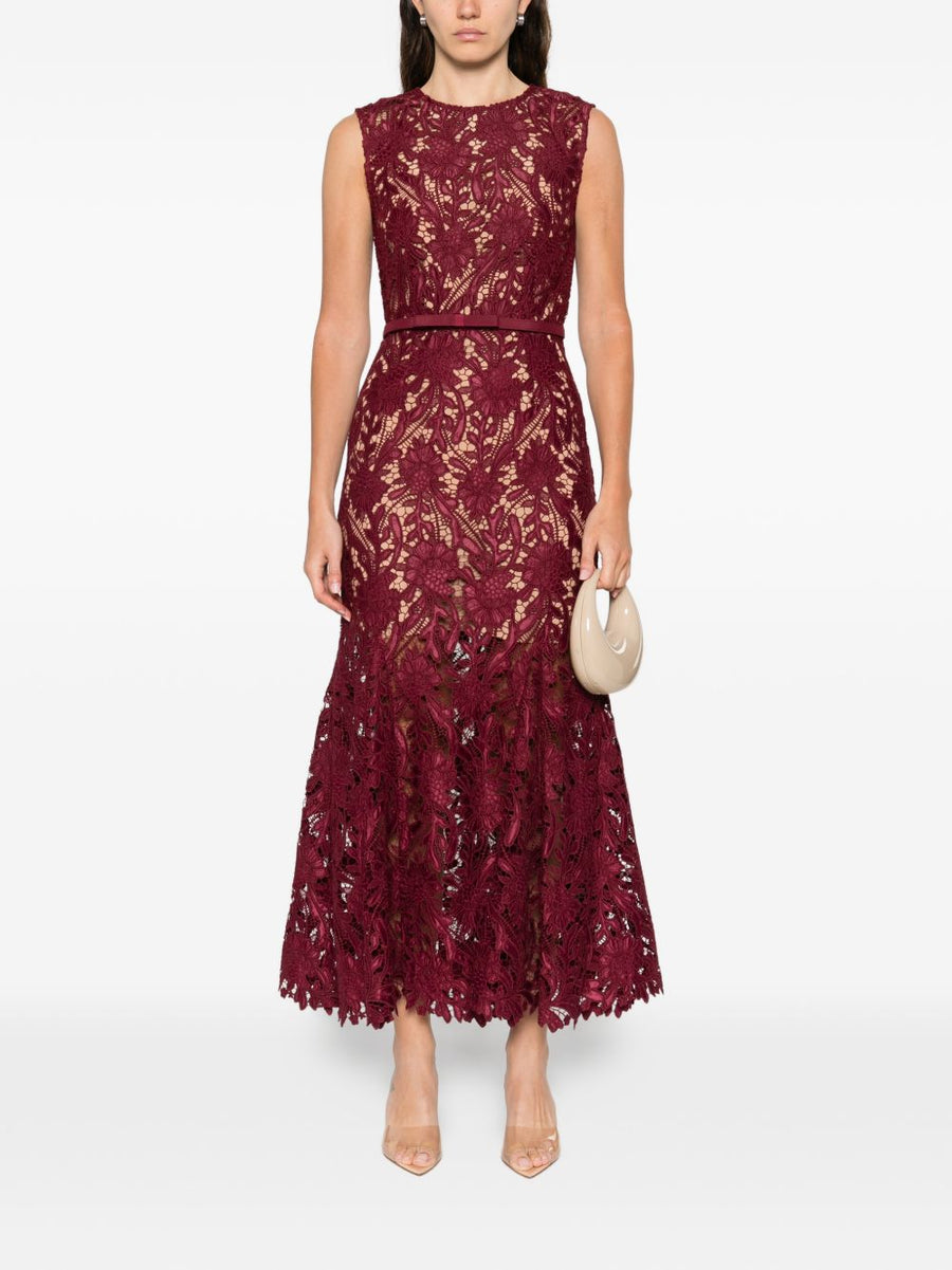 Self-Portrait Lace Long Dress Bordeaux For Women Elegant Eveningwear With Back Zip And Partial Lining