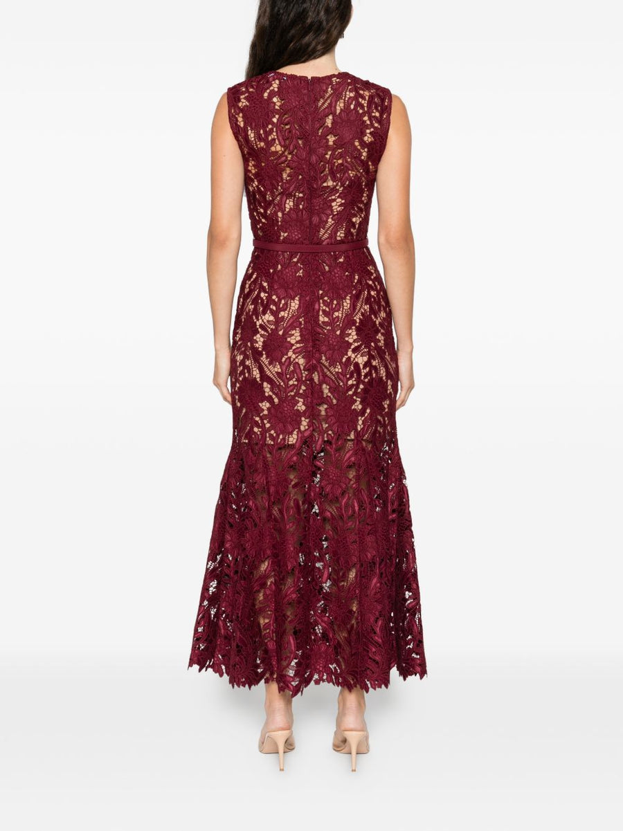 Self-Portrait Lace Long Dress Bordeaux For Women Elegant Eveningwear With Back Zip And Partial Lining