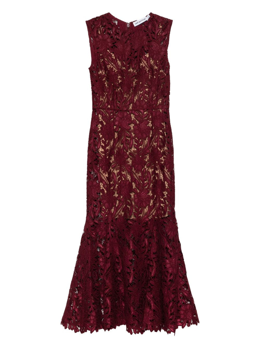 Self-Portrait Lace Long Dress Bordeaux For Women Elegant Eveningwear With Back Zip And Partial Lining