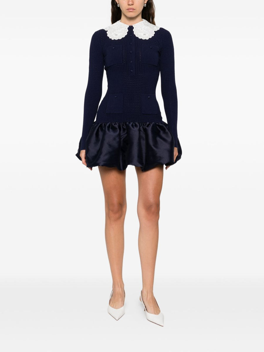 Self-Portrait Navy Mini Dress With Scalloped Collar Front Button Pockets Ruffled Hem For Women