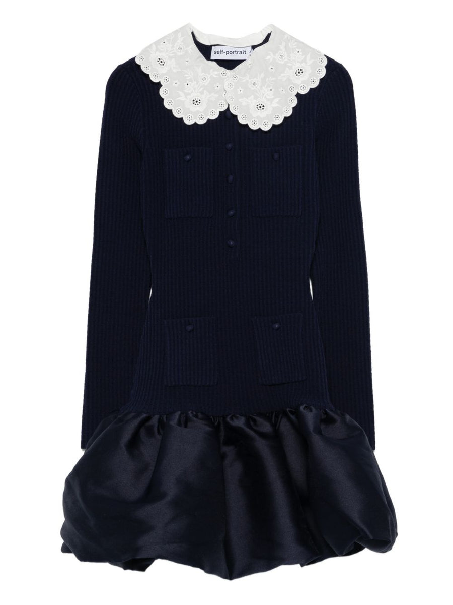 Self-Portrait Navy Mini Dress With Scalloped Collar Front Button Pockets Ruffled Hem For Women