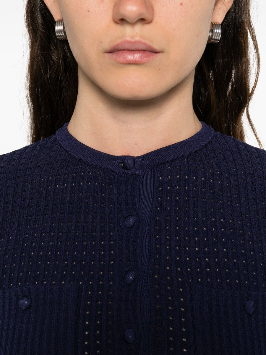 Self-Portrait Navy Mini Dress With Scalloped Collar Front Button Pockets Ruffled Hem For Women