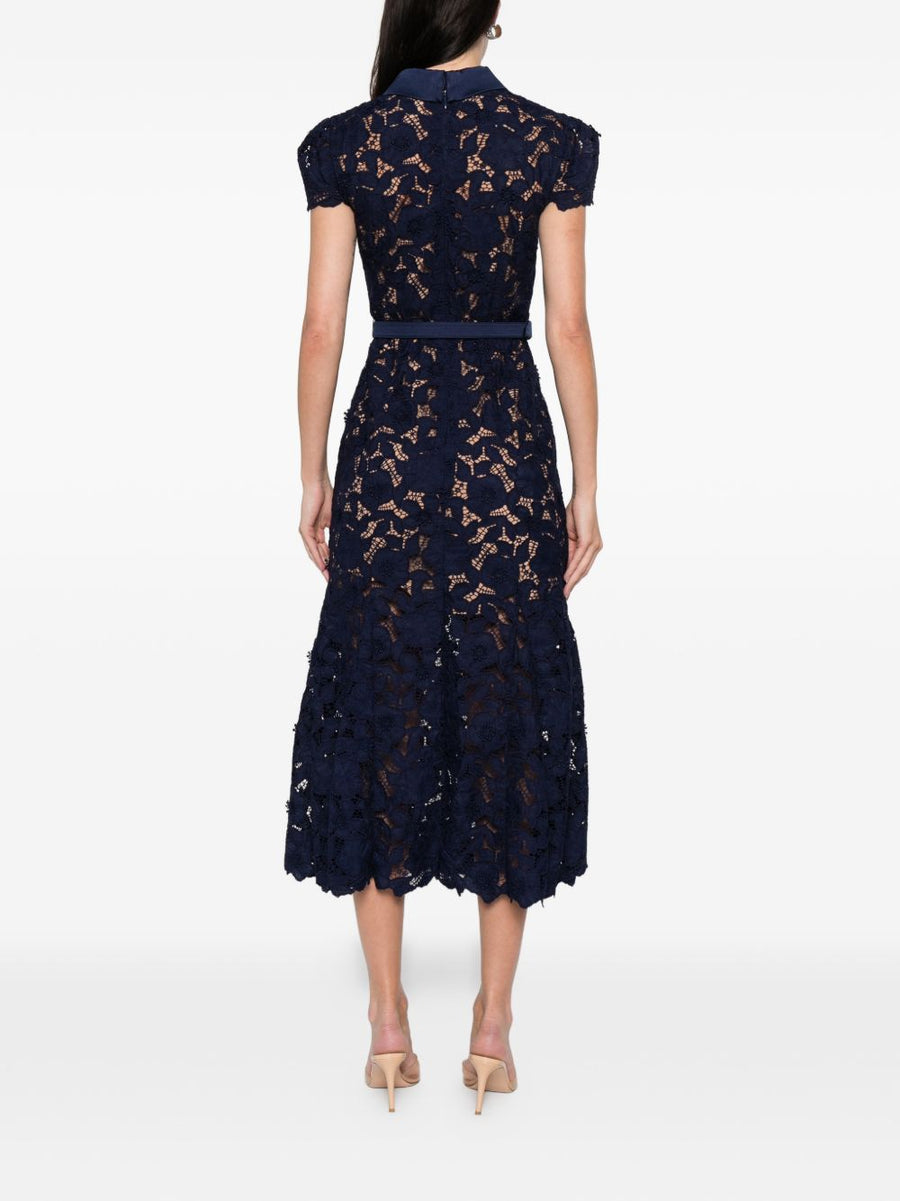 Self-Portrait Navy Lace Midi Dress With Removable Belt For Elegant Eveningwear Women