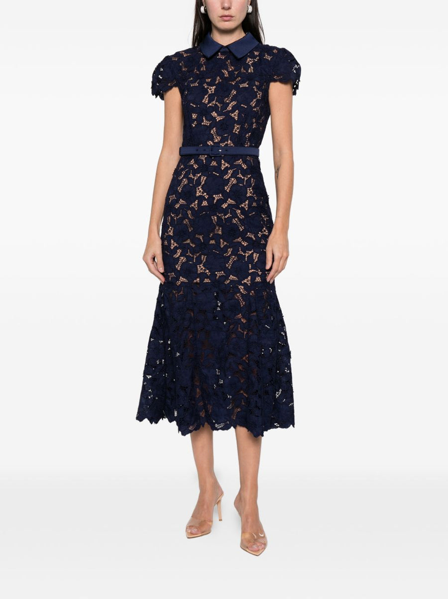Self-Portrait Navy Lace Midi Dress With Removable Belt For Elegant Eveningwear Women