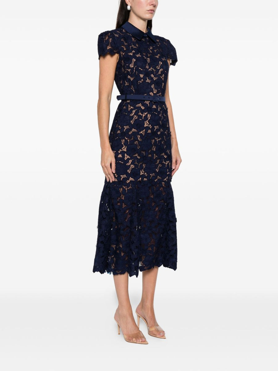 Self-Portrait Navy Lace Midi Dress With Removable Belt For Elegant Eveningwear Women