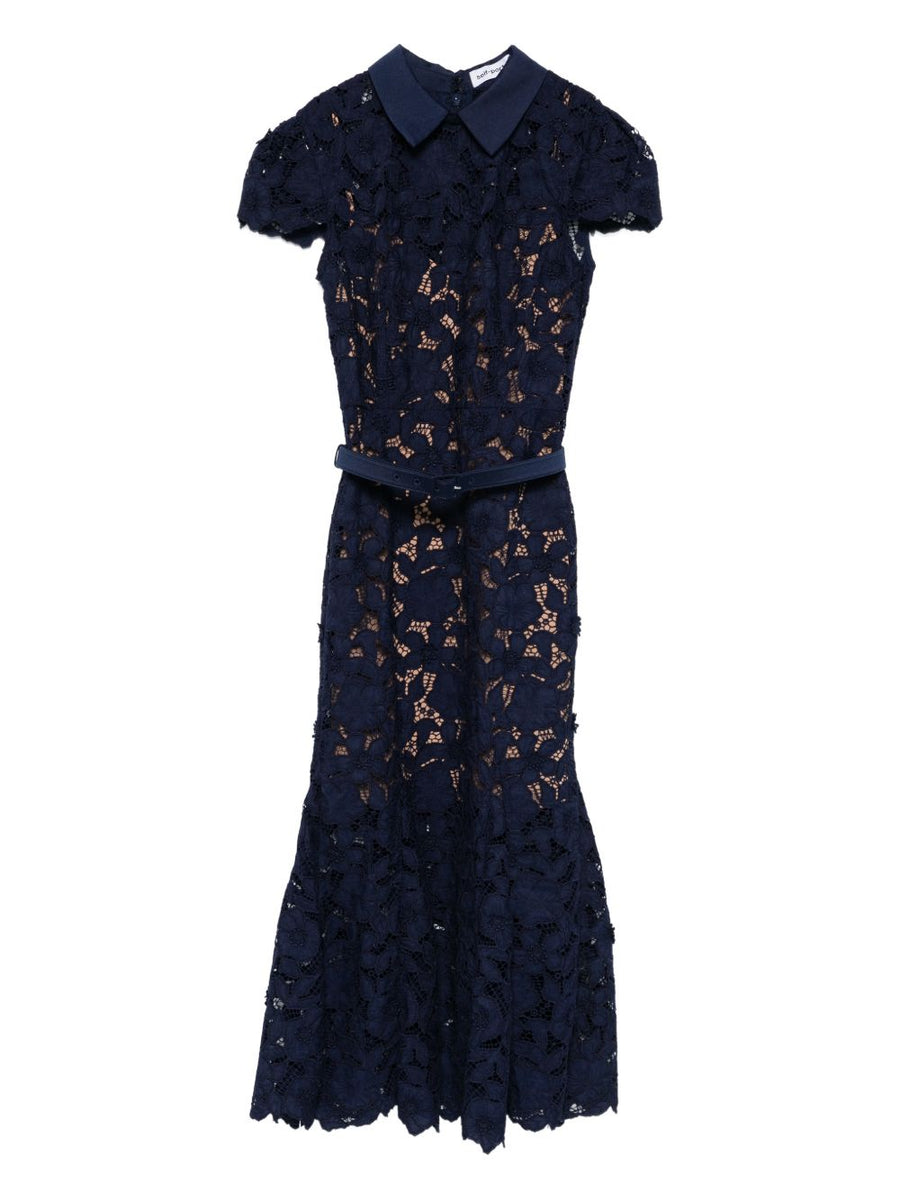 Self-Portrait Navy Lace Midi Dress With Removable Belt For Elegant Eveningwear Women