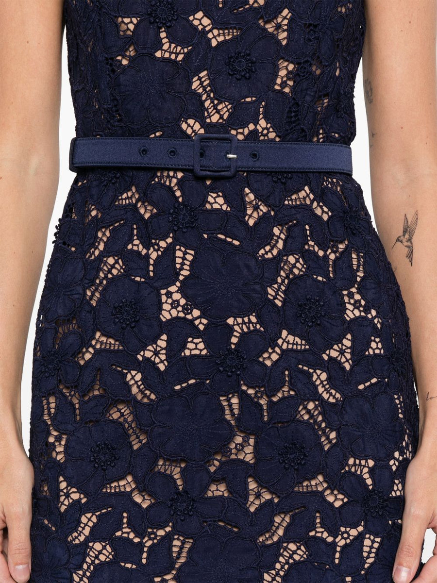 Self-Portrait Navy Lace Midi Dress With Removable Belt For Elegant Eveningwear Women