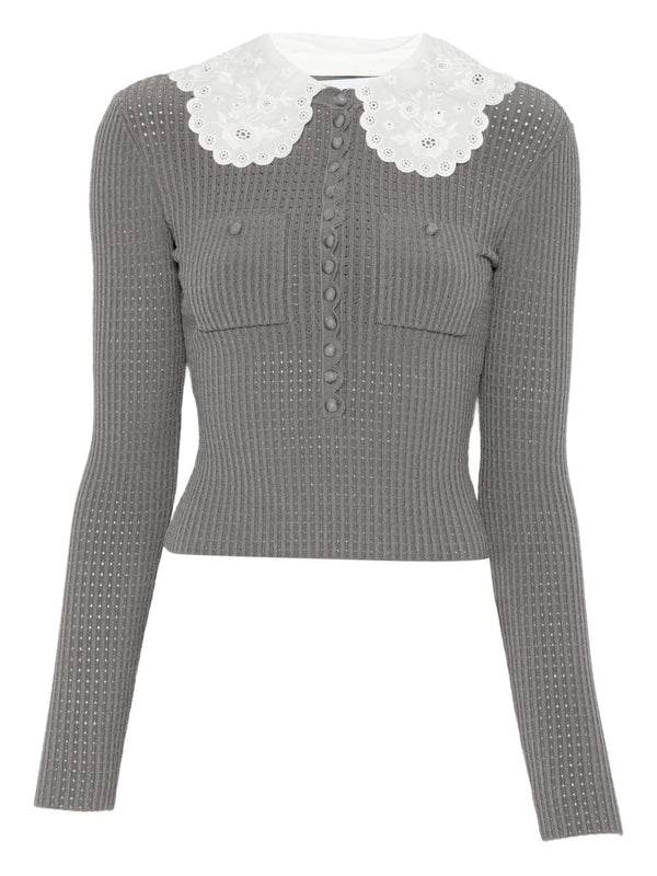 Self-Portrait Collar Detail Sweater For Women With Grey Contrast Collar And Chest Pockets Polished Knit