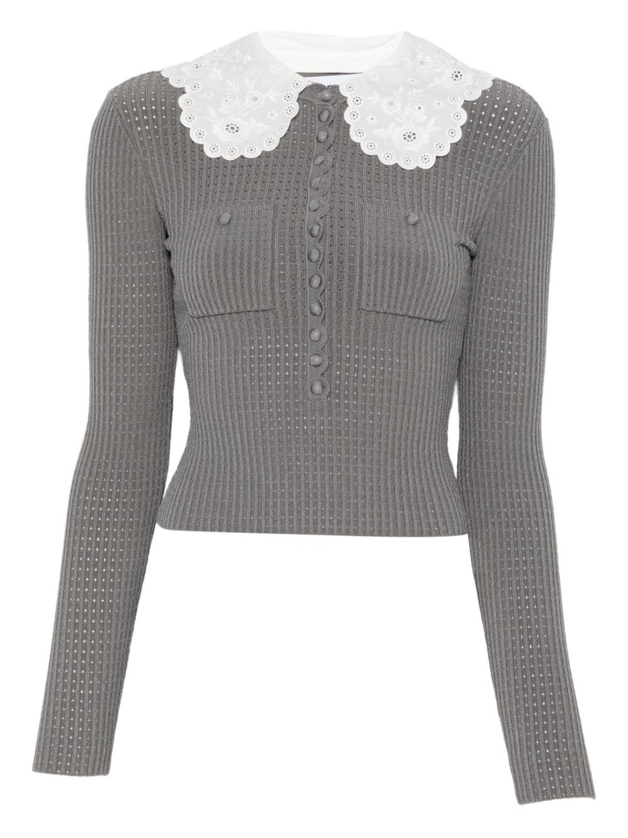 Self-Portrait Collar Detail Sweater For Women With Grey Contrast Collar And Chest Pockets Polished Knit