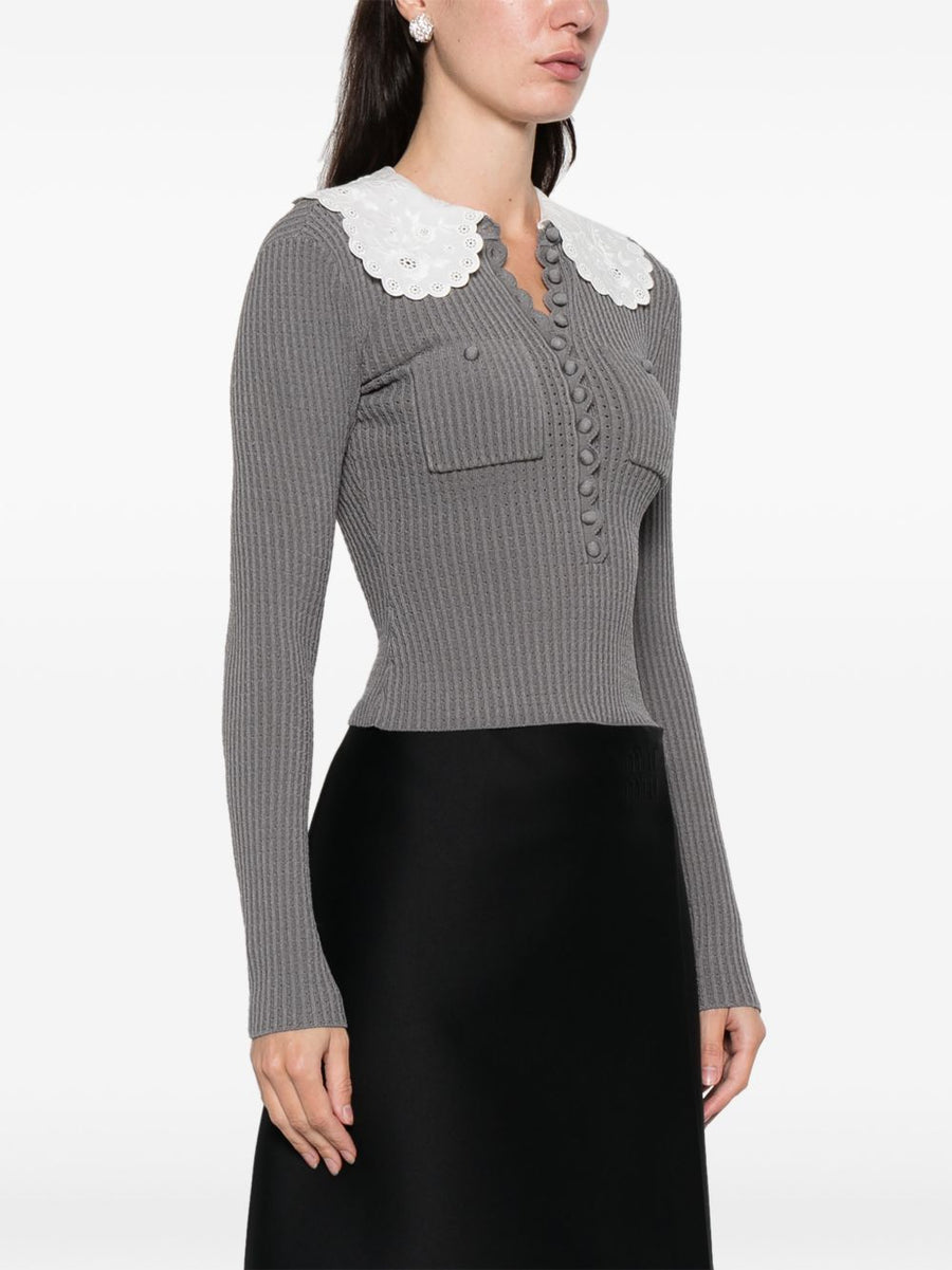 Self-Portrait Collar Detail Sweater For Women With Grey Contrast Collar And Chest Pockets Polished Knit