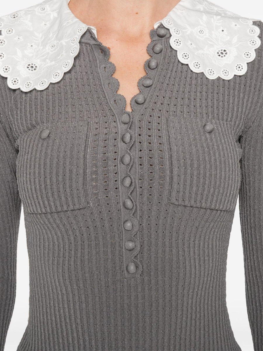 Self-Portrait Collar Detail Sweater For Women With Grey Contrast Collar And Chest Pockets Polished Knit