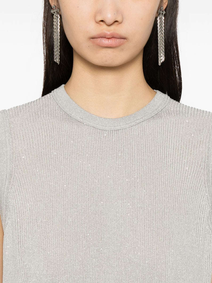 Tom Ford Sequined Silver Top For Women, Sleeveless Crewneck Dressy Sparkle Essential