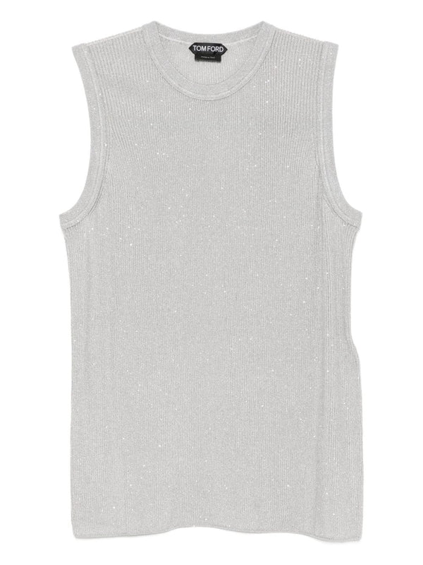 Tom Ford Sequined Silver Top For Women, Sleeveless Crewneck Dressy Sparkle Essential
