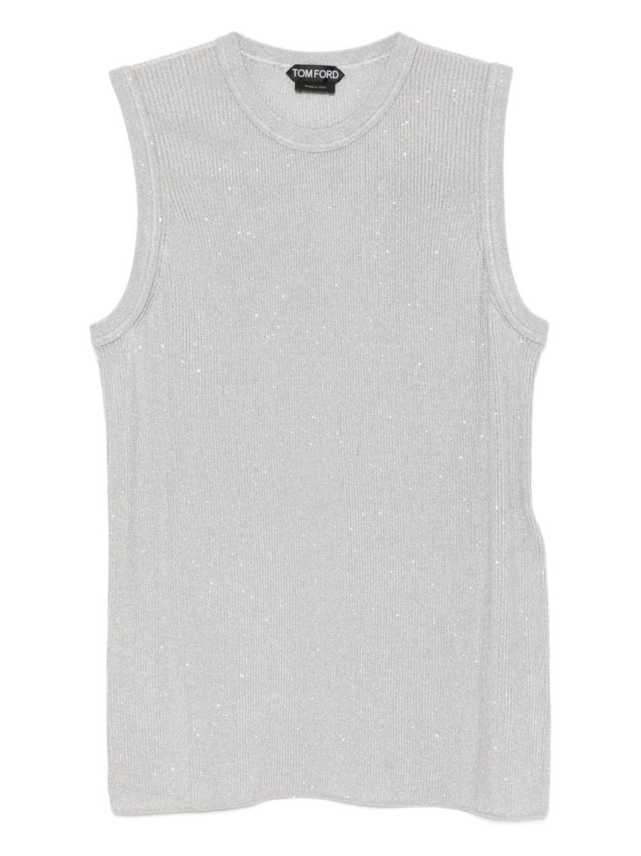 Tom Ford Sequined Silver Top For Women, Sleeveless Crewneck Dressy Sparkle Essential