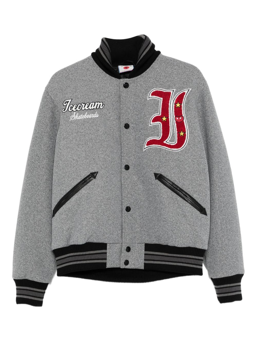 Icecream Grey Bomber Jacket For Men With Striped Cuffs And Hem Contemporary Luxury Outerwear