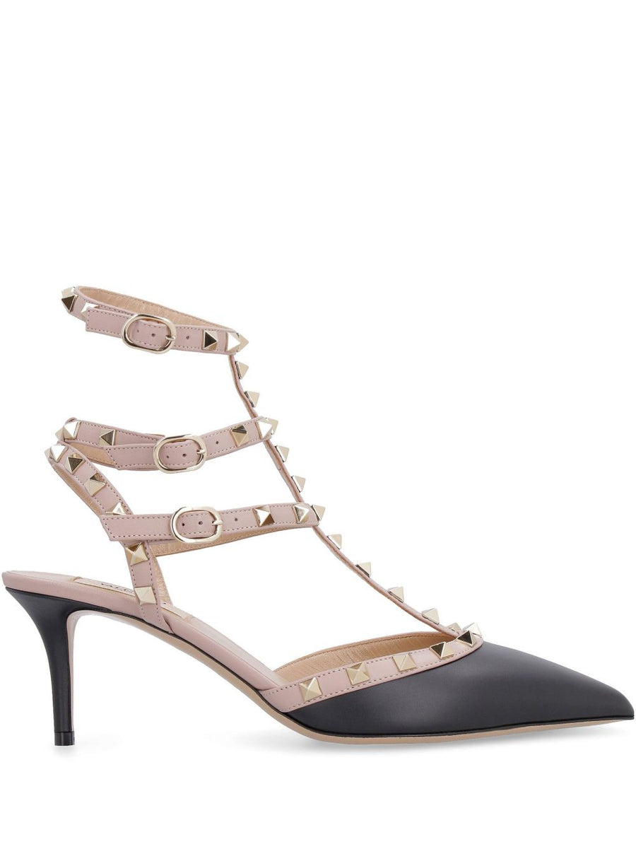 Valentino Garavani Rockstud Caged Pump Black Calf Leather Statement Gold Tone Hardware For Women
