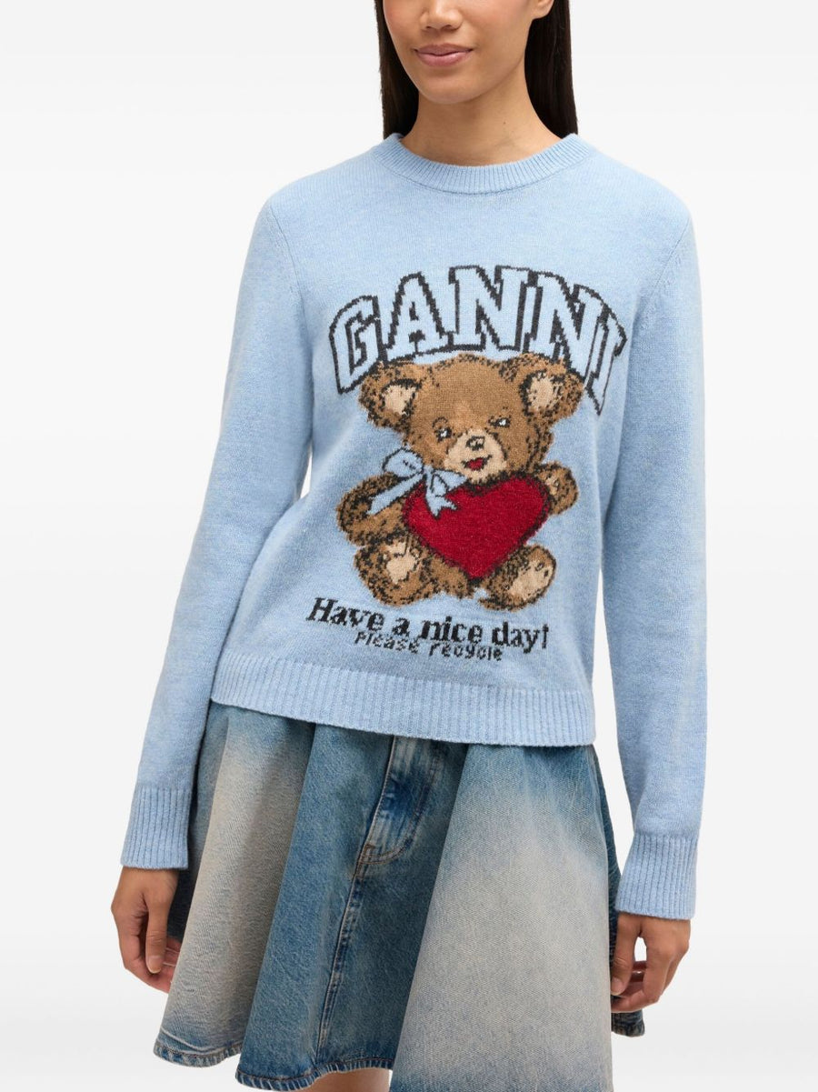 Ganni Wool Crewneck Sweater With Bold Graphic Print In Light Blue For Women Recycled Wool Blend