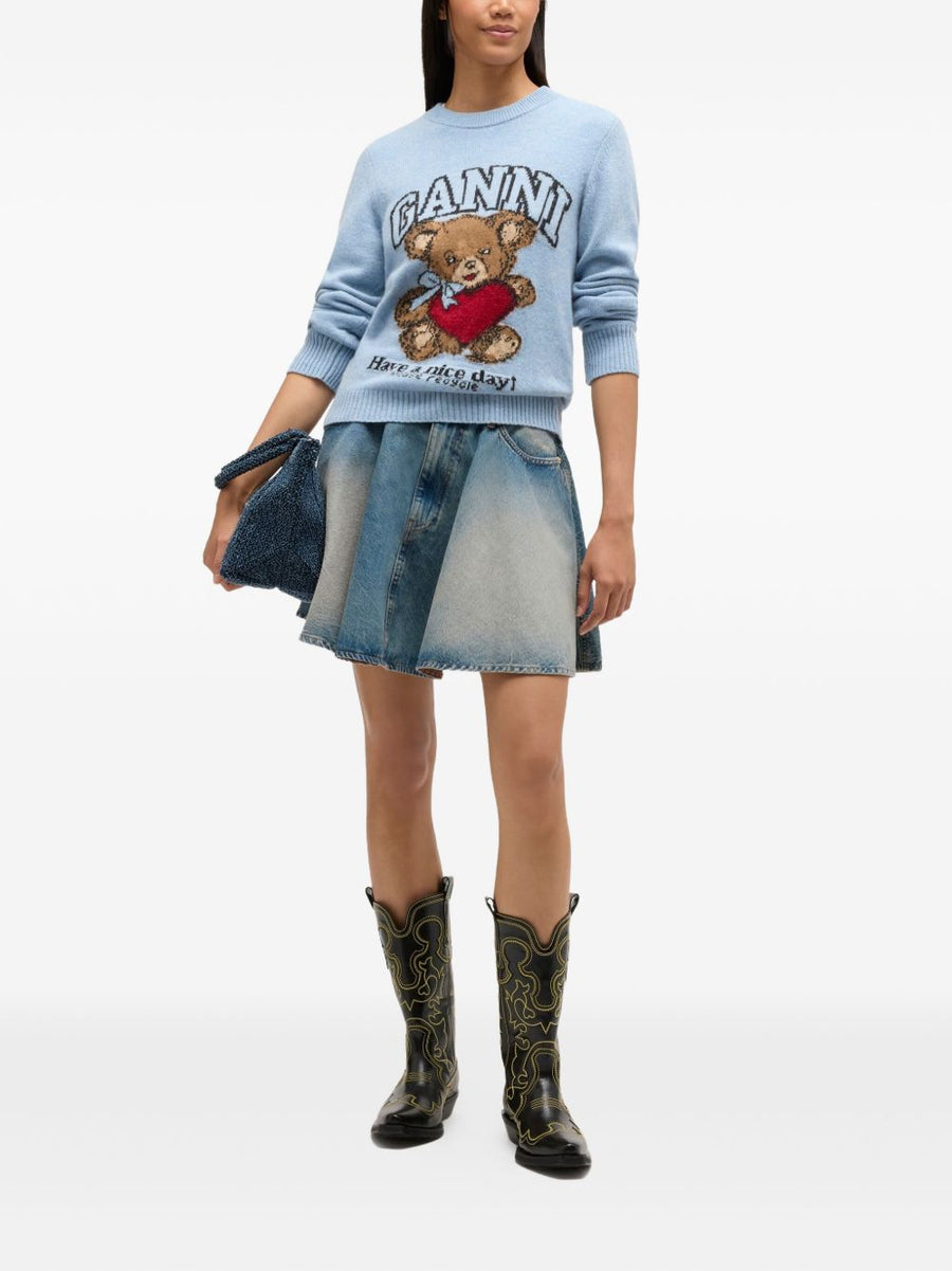Ganni Wool Crewneck Sweater With Bold Graphic Print In Light Blue For Women Recycled Wool Blend