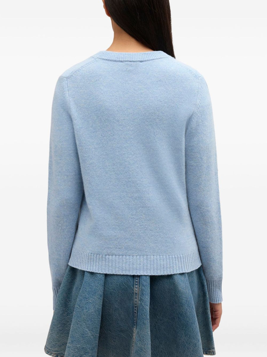 Ganni Wool Crewneck Sweater With Bold Graphic Print In Light Blue For Women Recycled Wool Blend