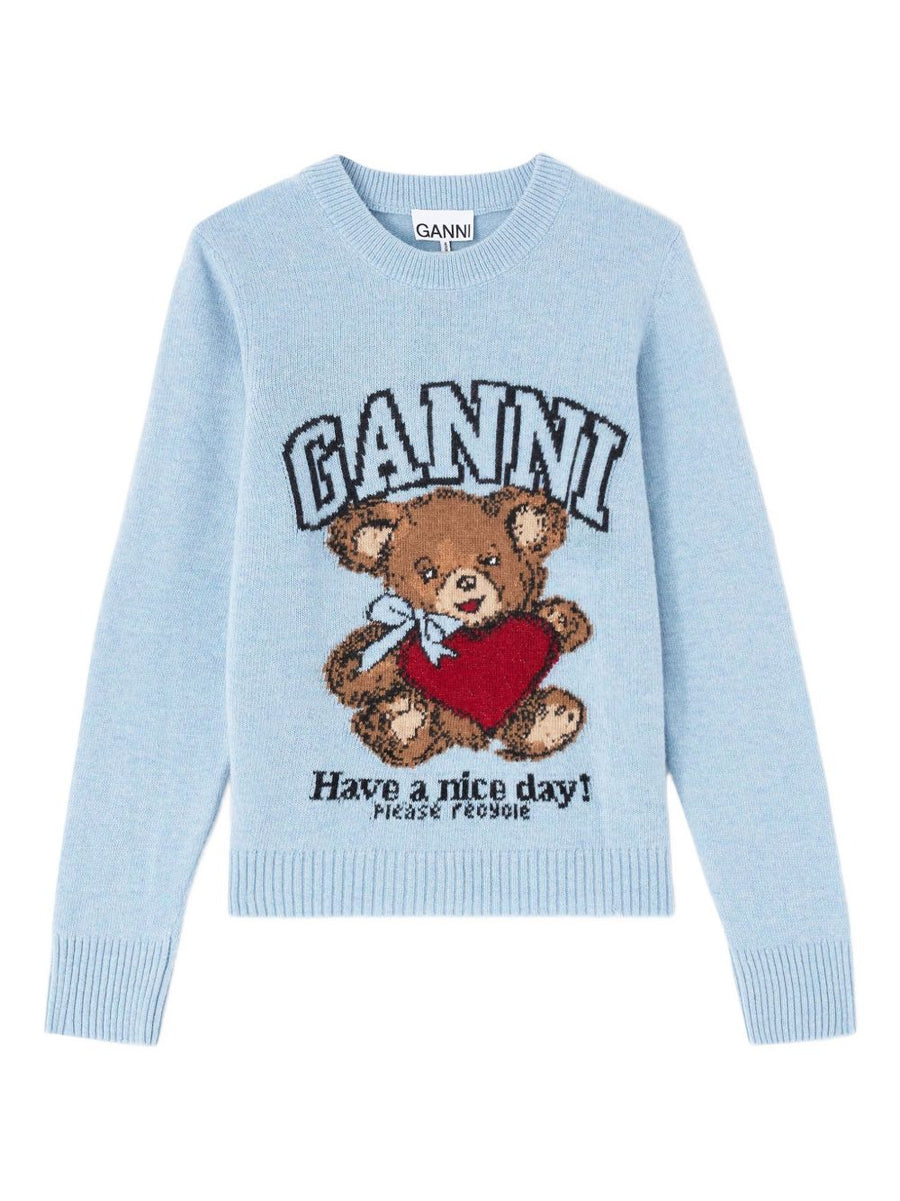 Ganni Wool Crewneck Sweater With Bold Graphic Print In Light Blue For Women Recycled Wool Blend