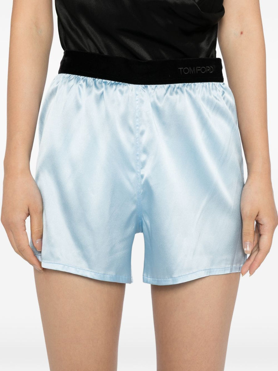 Tom Ford Silk Pajama Shorts For Women Premium Silk Lycra Blend With Elastic Logo Waistband Light Blue