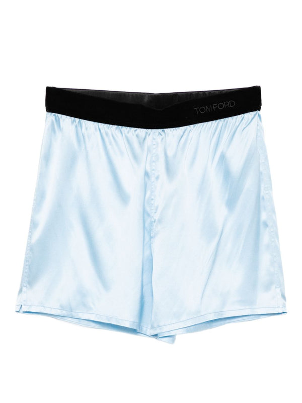 Tom Ford Silk Pajama Shorts For Women Premium Silk Lycra Blend With Elastic Logo Waistband Light Blue