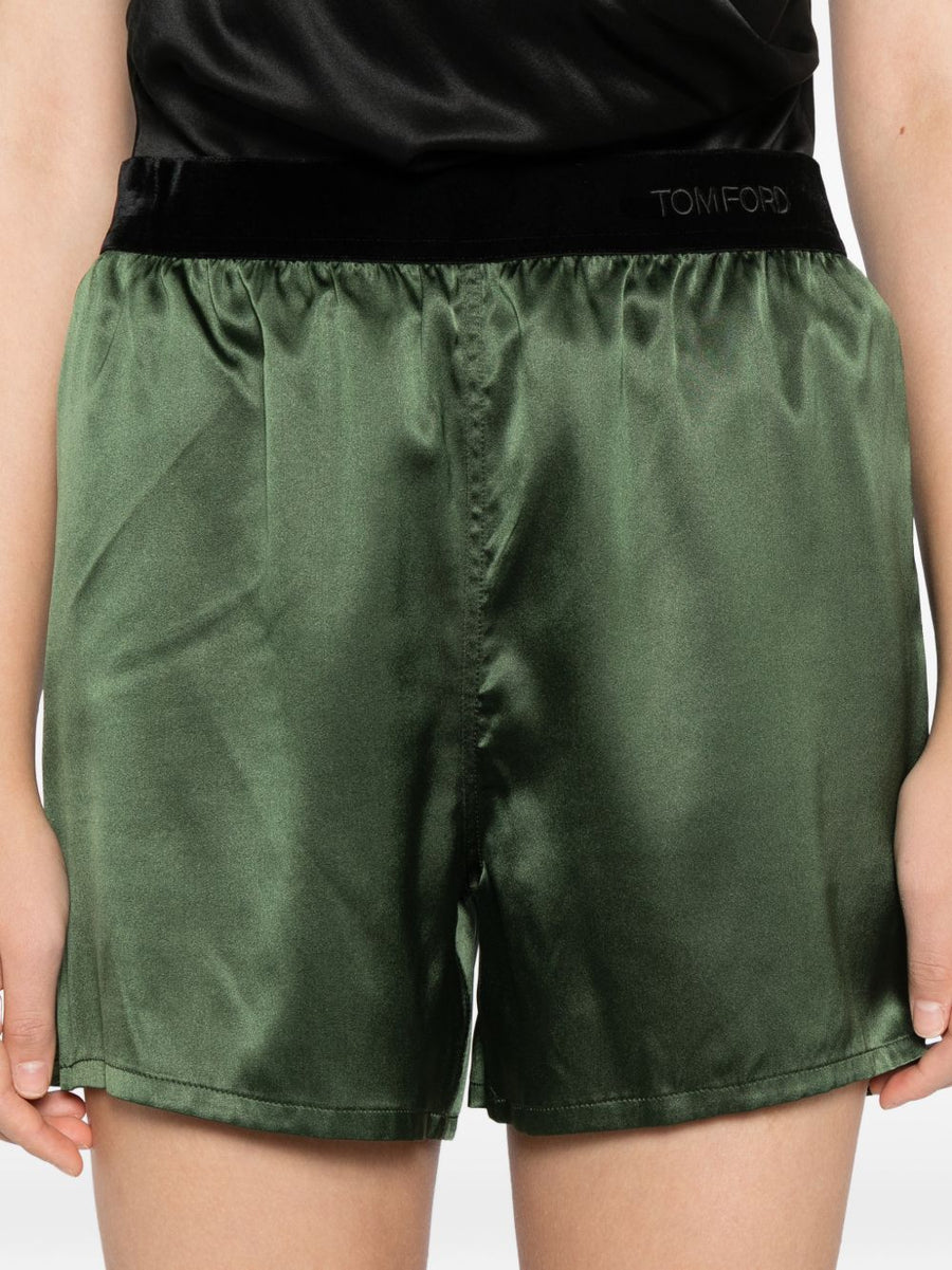 Tom Ford Silk Pajama Shorts for Women Luxurious Silk Blend With Elastic Waistband Side Slits Dark Green