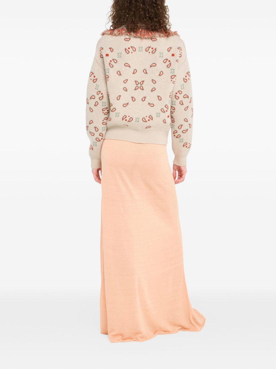 Alanui Bandana Jacquard Cardigan Beige Wool Cashmere for Women Luxury Knitwear with Paisley Print and Fringe Trim