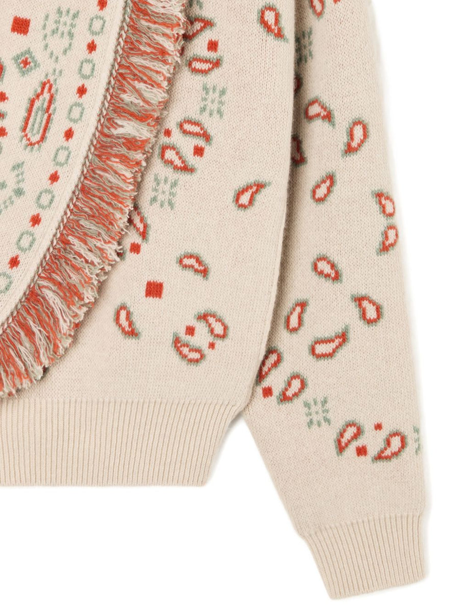 Alanui Bandana Jacquard Cardigan Beige Wool Cashmere for Women Luxury Knitwear with Paisley Print and Fringe Trim