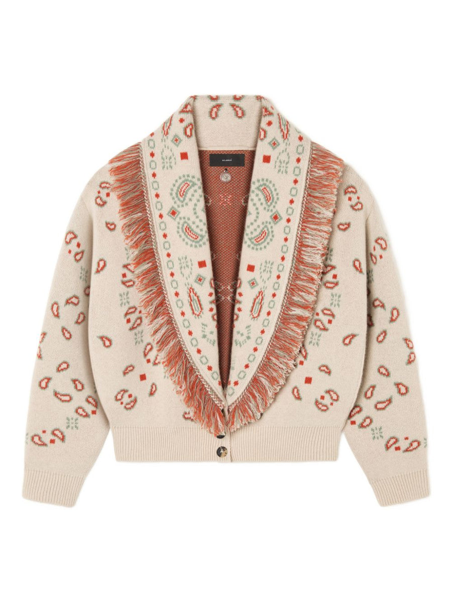 Alanui Bandana Jacquard Cardigan Beige Wool Cashmere for Women Luxury Knitwear with Paisley Print and Fringe Trim