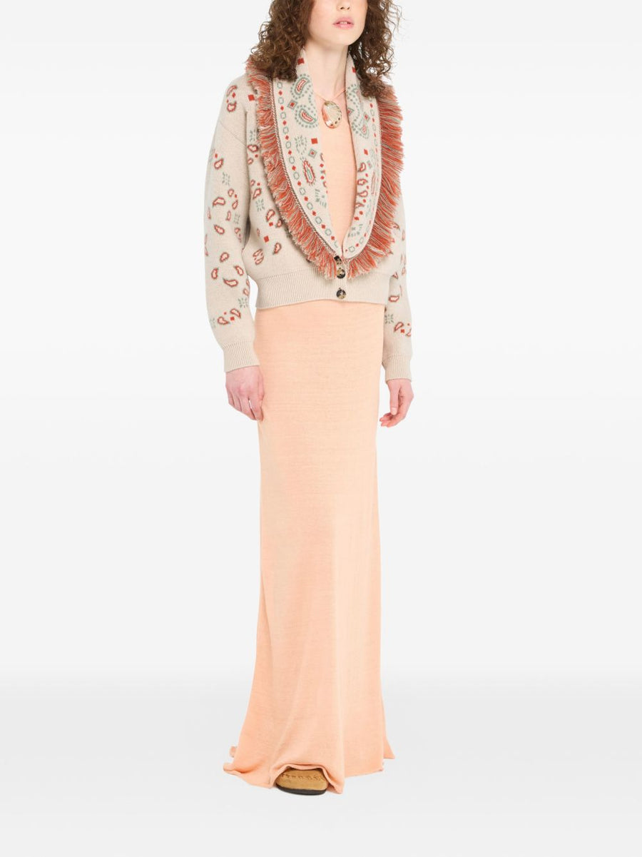 Alanui Bandana Jacquard Cardigan Beige Wool Cashmere for Women Luxury Knitwear with Paisley Print and Fringe Trim