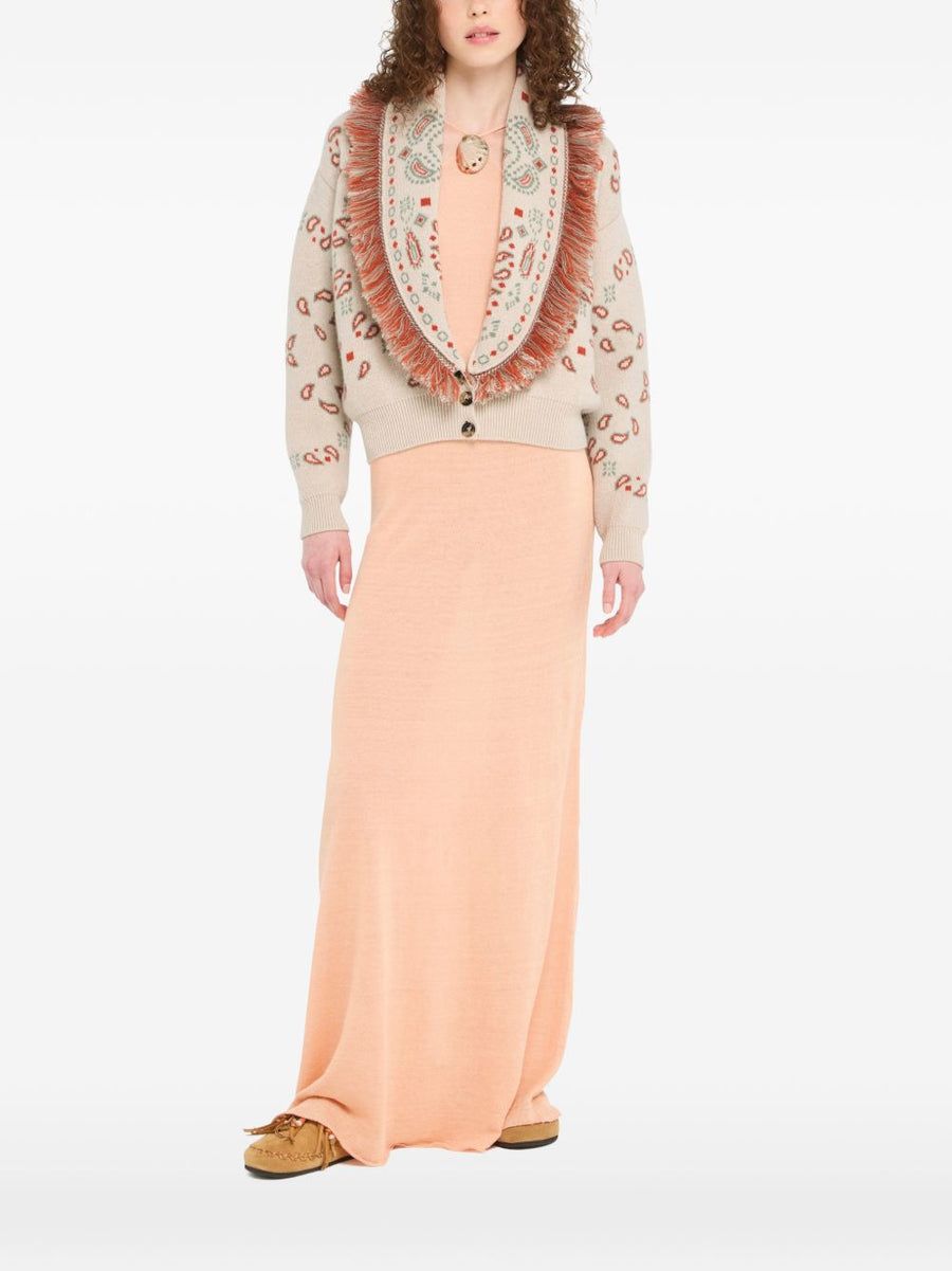 Alanui Bandana Jacquard Cardigan Beige Wool Cashmere for Women Luxury Knitwear with Paisley Print and Fringe Trim