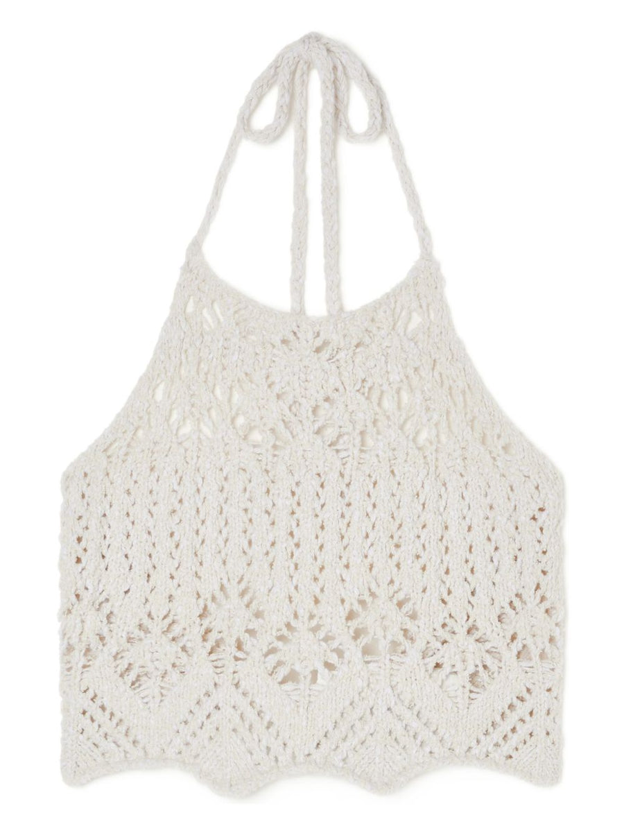 Alanui Lagoon Romance Ivory Cotton Top Halterneck Crochet Knit With Tie Fastening Scalloped Trim For Women Resort Wear