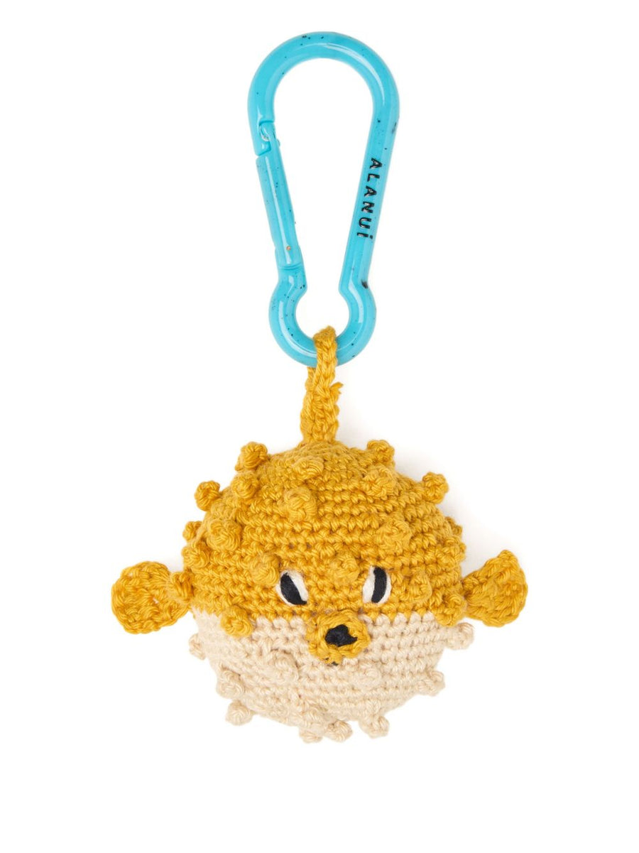 Alanui Handmade Crochet Puffer Fish Key Holder For Women Yellow Sand Beige With Blue Carabiner