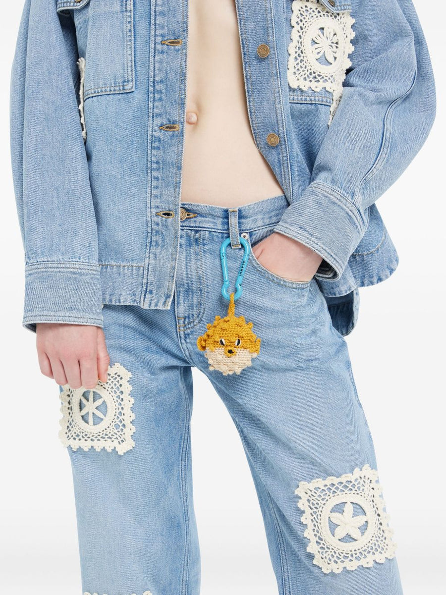 Alanui Handmade Crochet Puffer Fish Key Holder For Women Yellow Sand Beige With Blue Carabiner