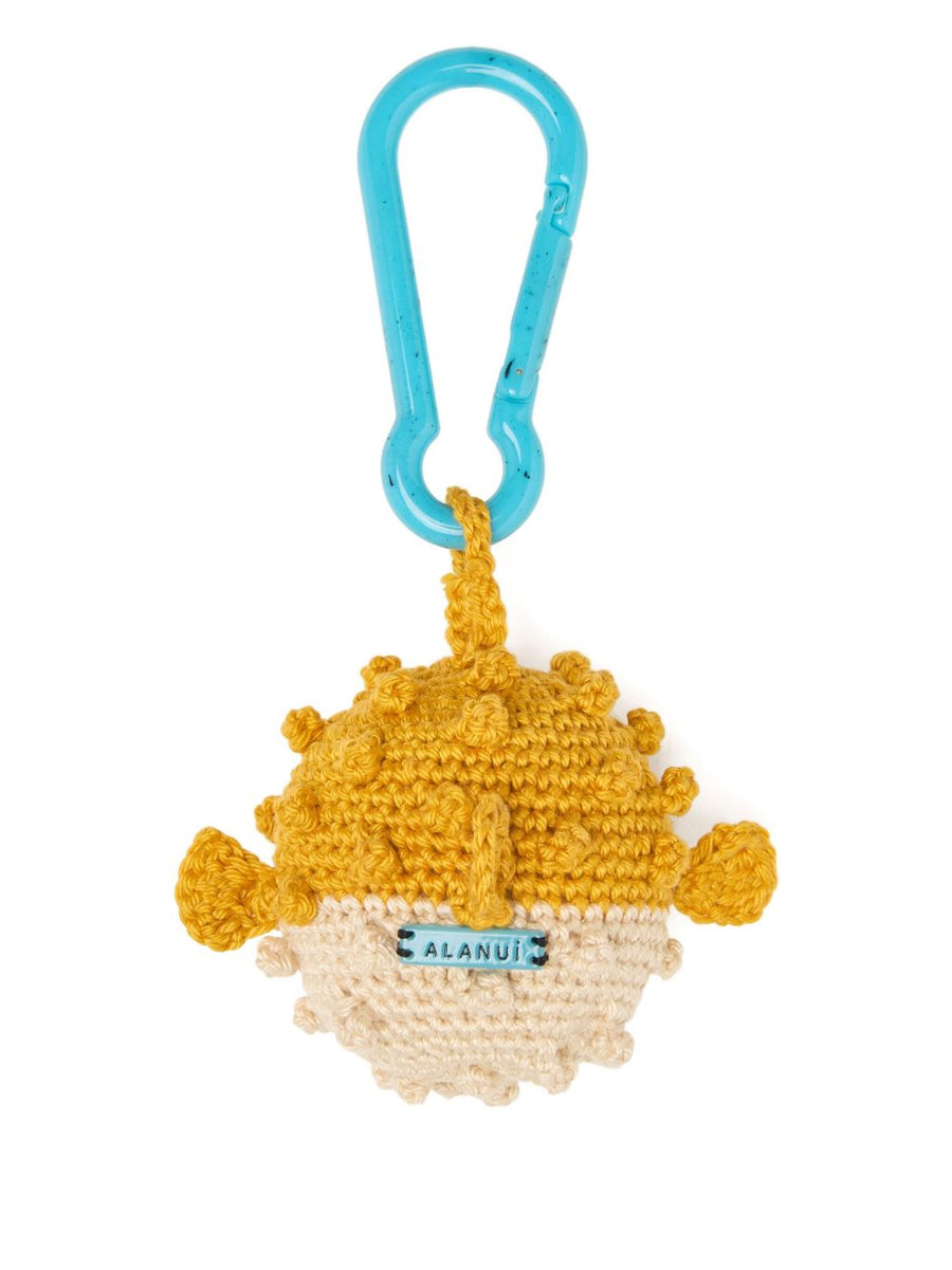 Alanui Handmade Crochet Puffer Fish Key Holder For Women Yellow Sand Beige With Blue Carabiner